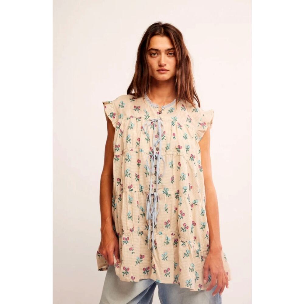 FREE PEOPLE SUNDOWN MINI DRESS TUNIC IVORY COMBO S